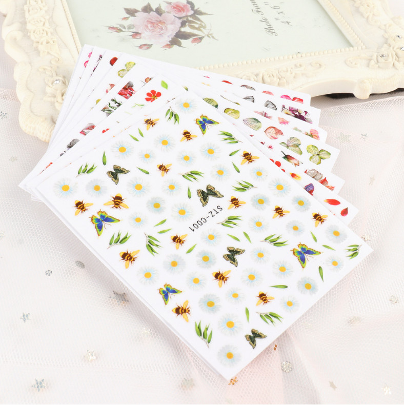 3D Nail Stickers Watercolor Dried Flowers Maple Leaf Rose Butterfly Bee NS37