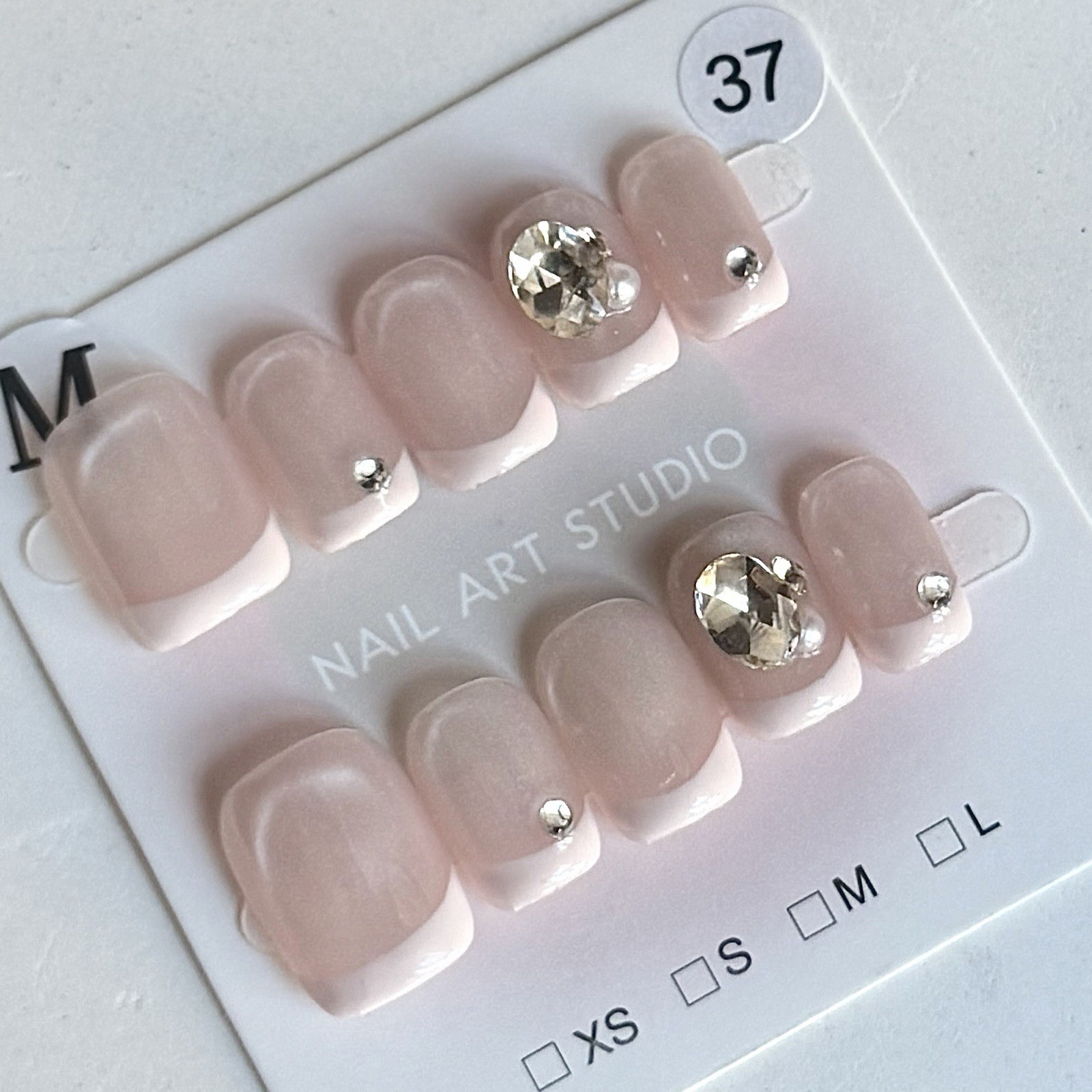 Handmade White French Tip Press-On Nails Short Square Size M Reusable Fake Nails
