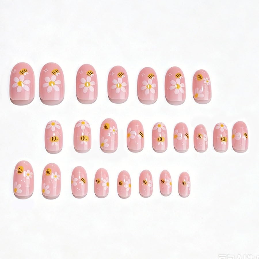 Flower Press on Nails with Cute Bee Flower Designs Spring Summer Floral Press…