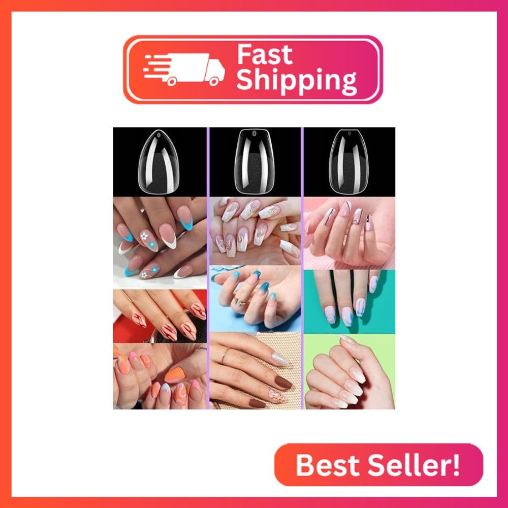 BlueZOO Soft Gel Nail Tips Short Almond Coffin Ballerina Nails Kit, 3 Styles 360
