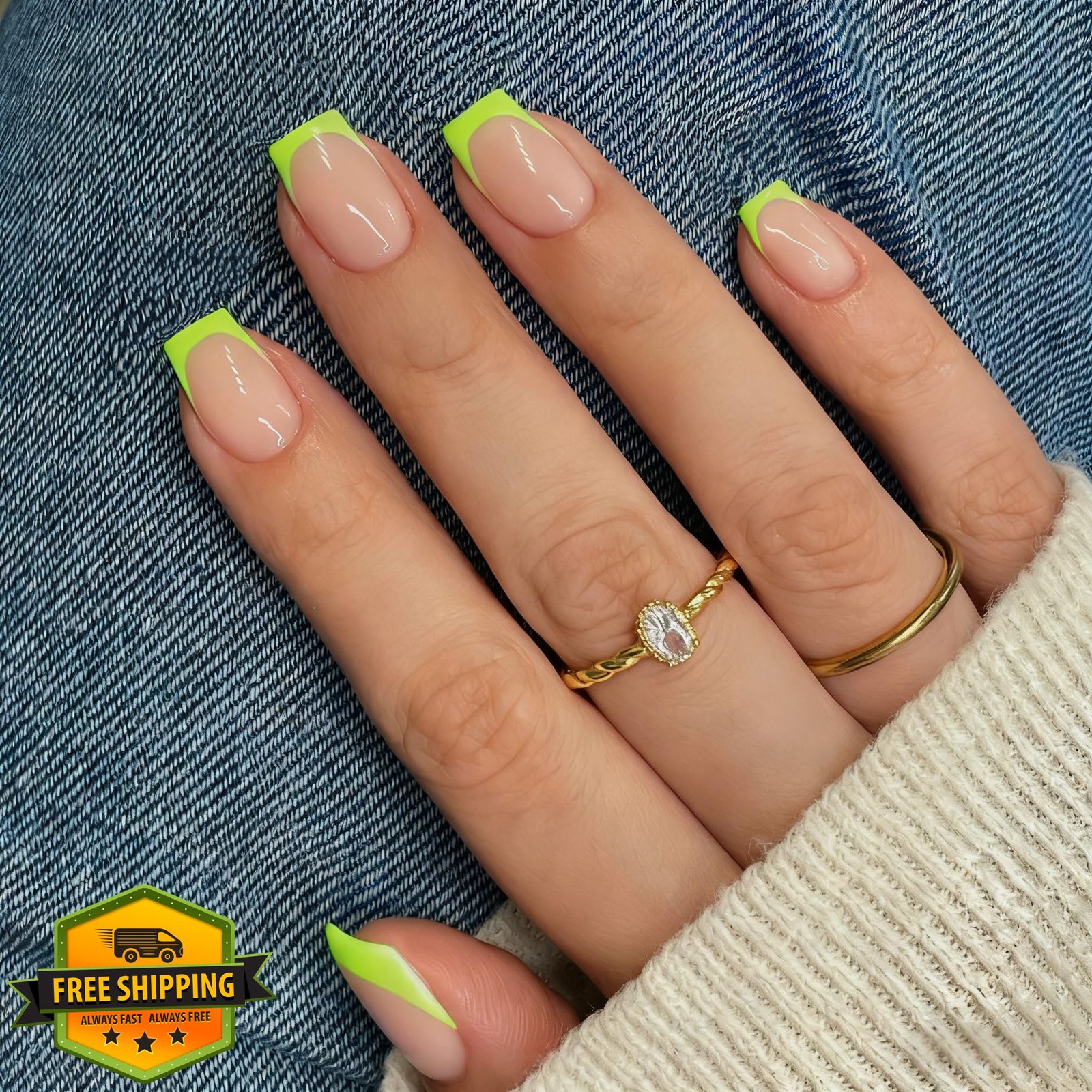 SXVME Short Square Lime Green French Tip Press on Nails Kit