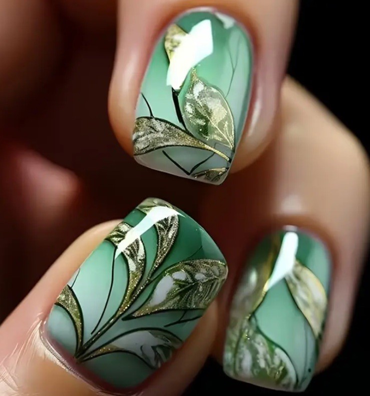 24 Pc Square Leaf Shiny Short Press On Nails w/Glue & Stickons Glossy Leaves