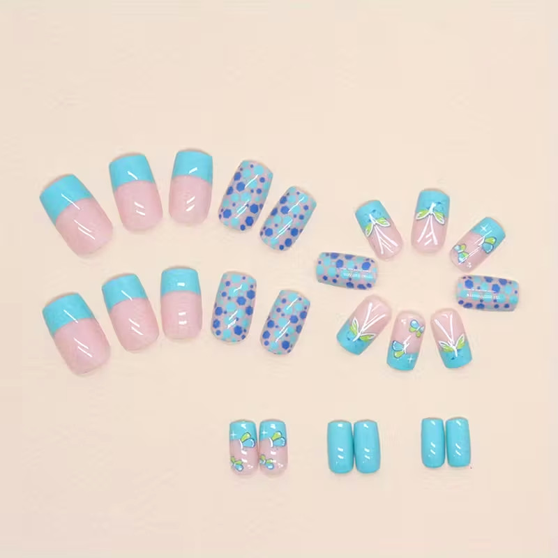 Blue-Green Butterfly Nail Art European Square Medium-Long False Nails Lake Green