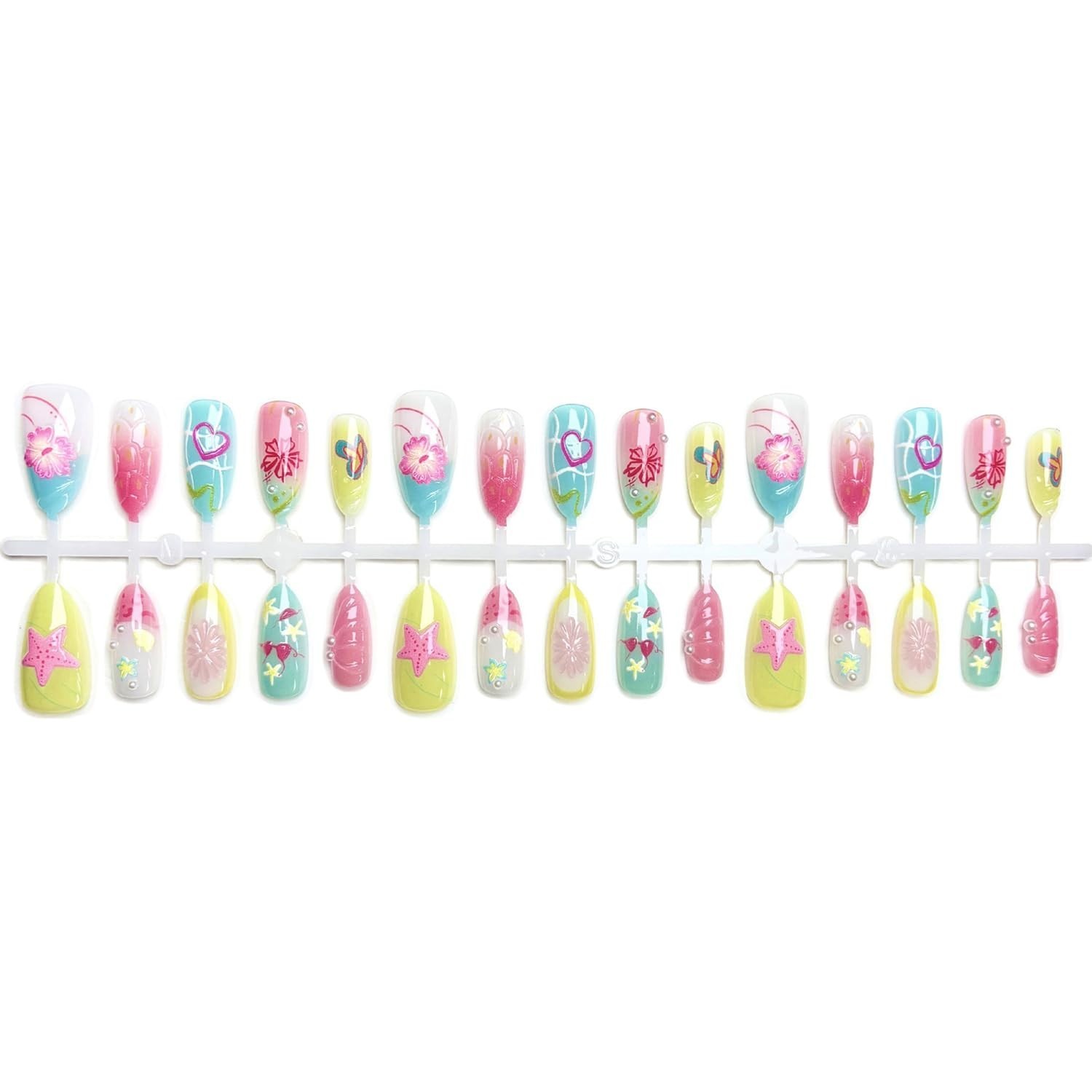Colorful Press on Nails Summer Beach Painted Fake Nails with 3D Pearl Flower …