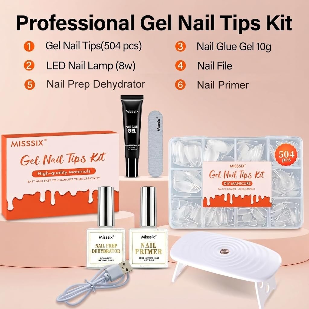 504Pcs Short Almond Nail Tips Kit with Dehydrator, Primer, Gel Glue & Mini UV La