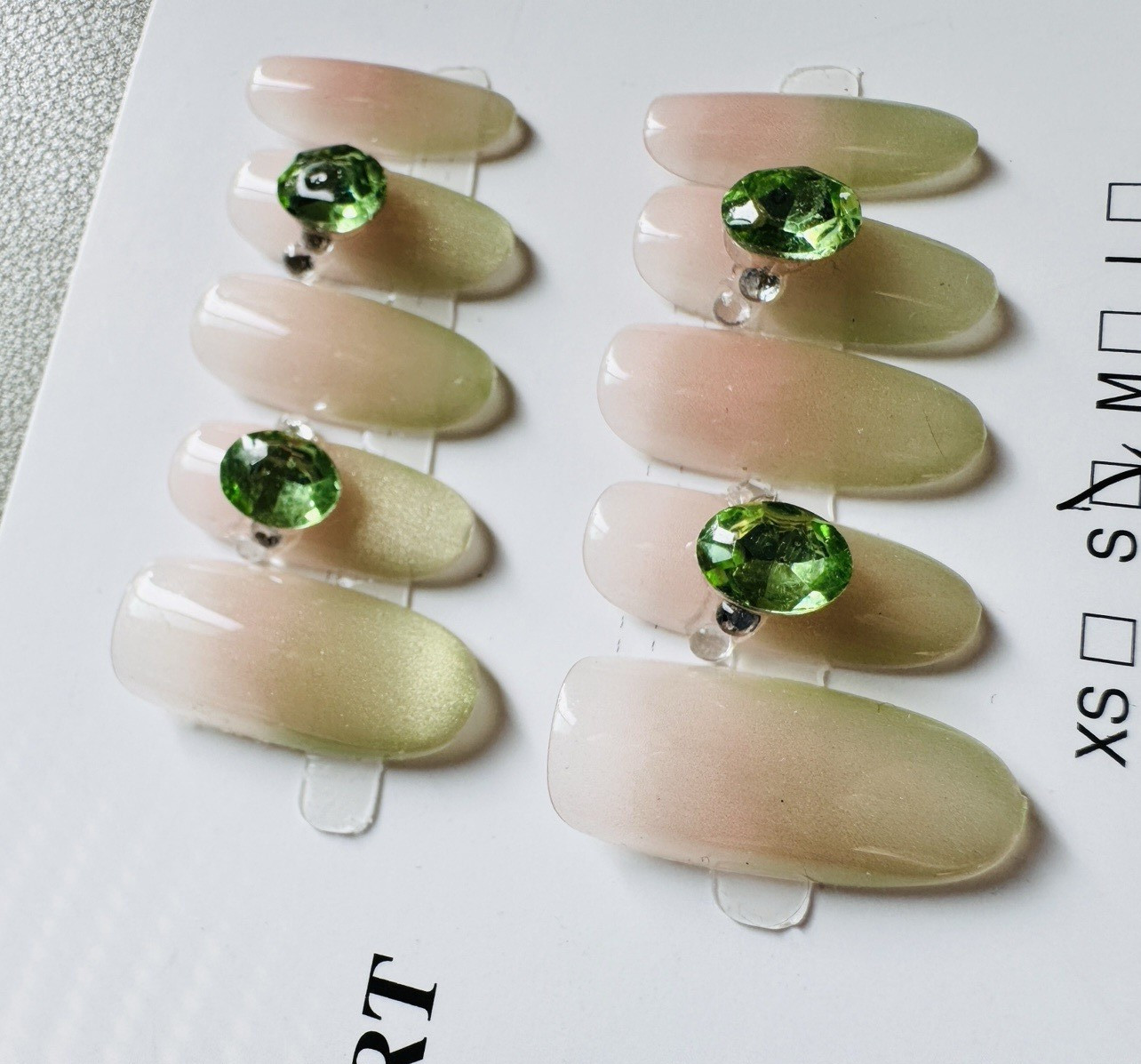 Press-On Nails Almond Medium Green/Nude Ombre Rhinestone Shiny Full Cover