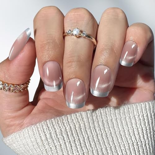 Silver French Tip Press on Nails Square Cat Eye Fake Nails with Short MY004