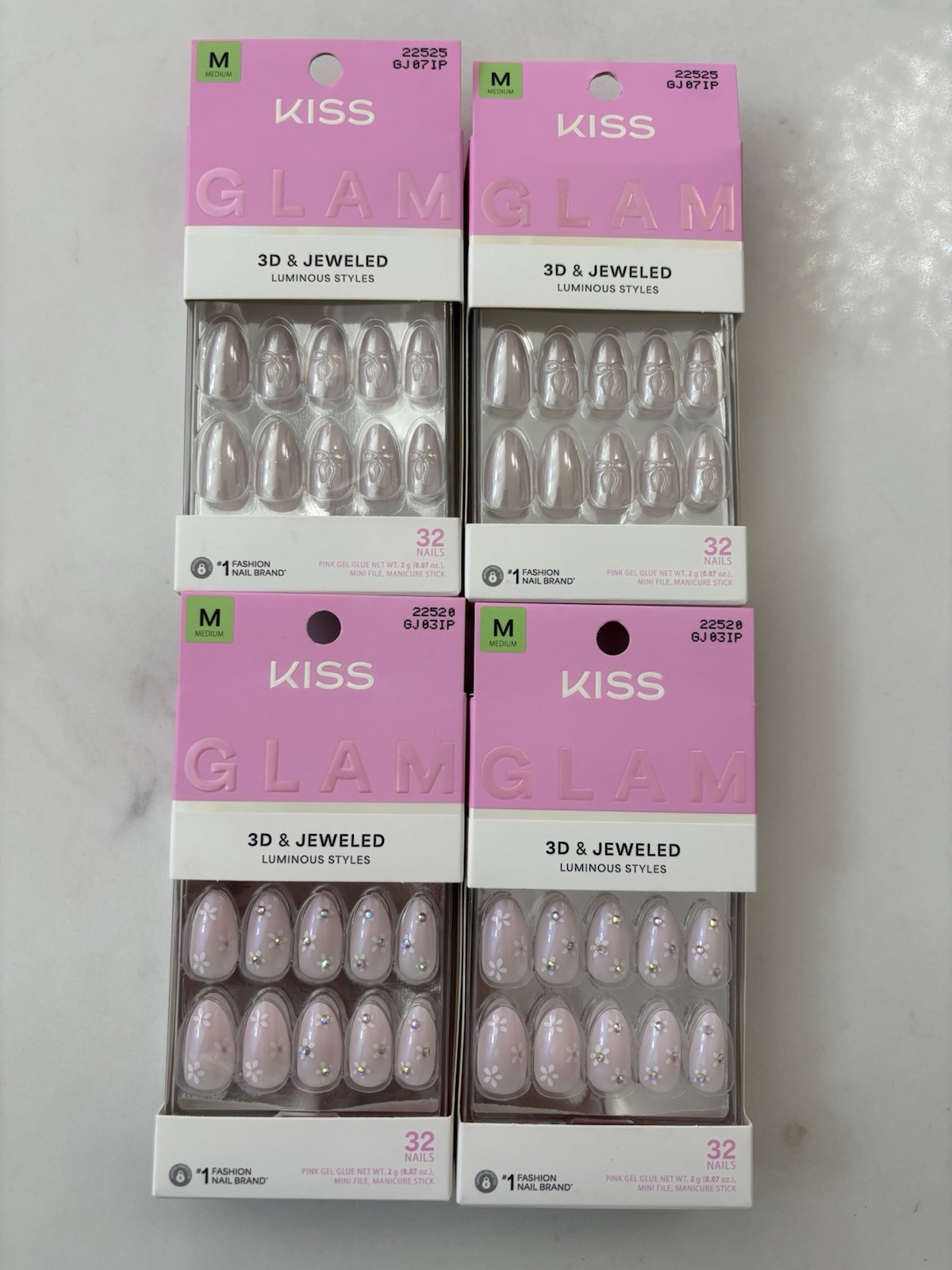 4 X KISS 32 Pink GLUE ON NAILS GLAM 3D & Jeweled Breeze of Bliss & Bowtie Ribbon