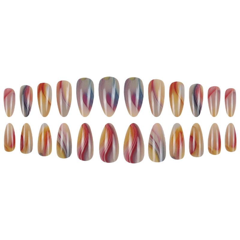 48P Long Almond Press on Nails, Colorful Swirl Marble Gradient Fake Nails