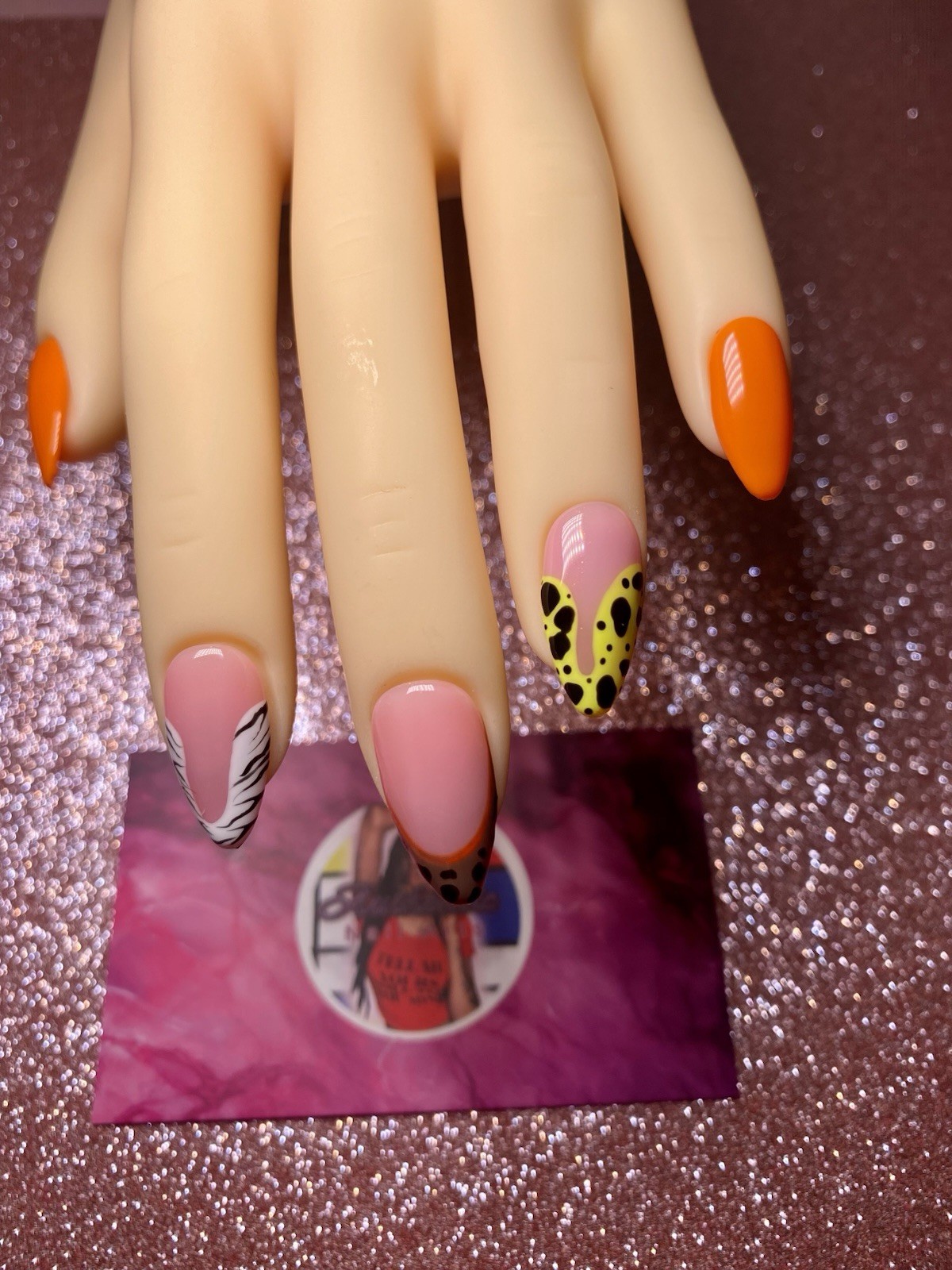 Authentic Nail Arts by Dia Almond Press-On Nails Orange Pink Animal Print Set