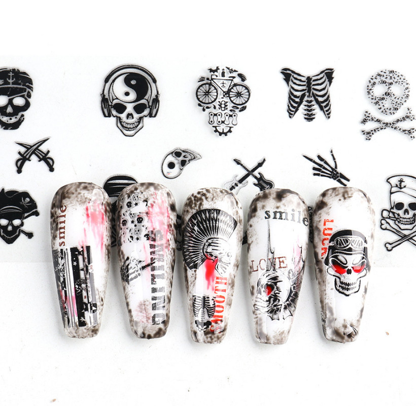 10pcs Skull Black White Scary Halloween Nail Art Foil Transfer Decals Manicure