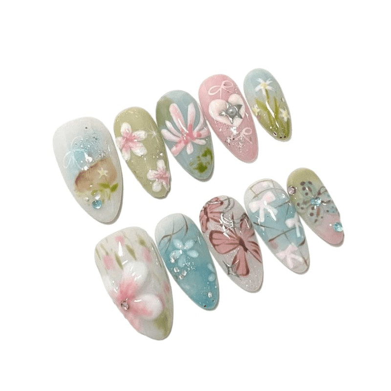 48Pcs Almond Pastel Floral Butterfly Press on Nails Sweet Daily Casual Nails