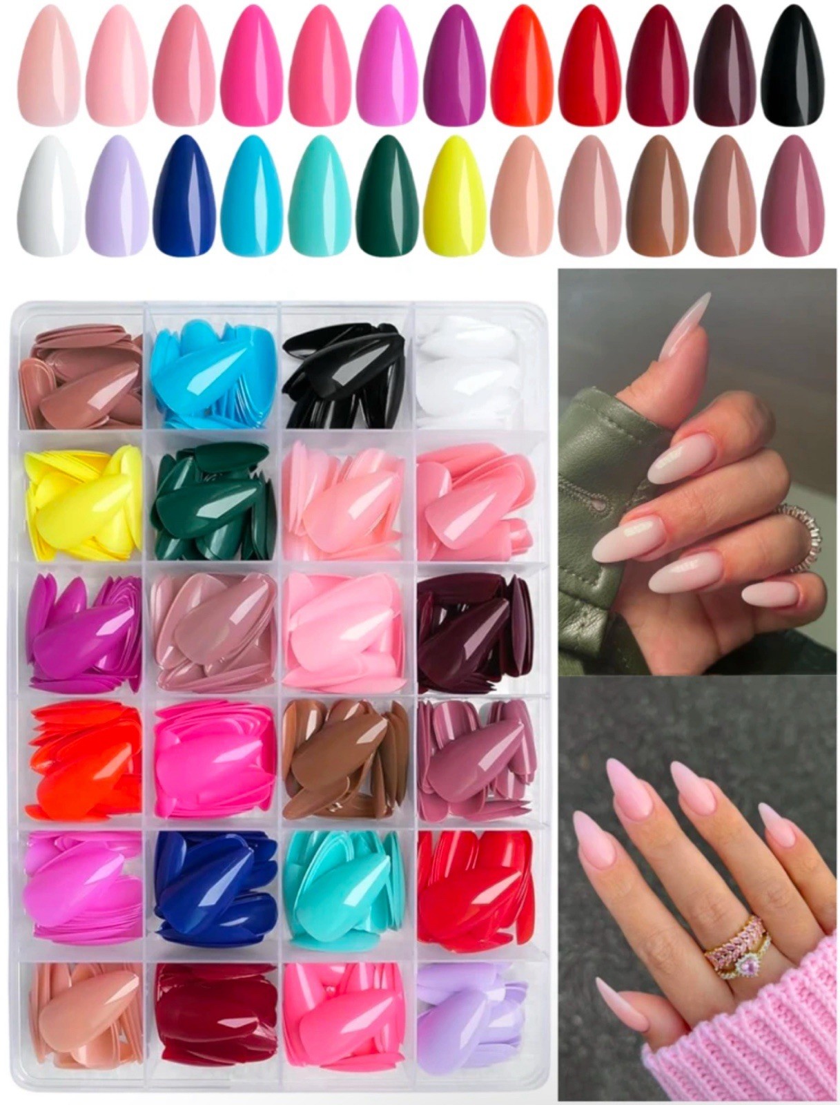 576pcs Medium Almond Press On Nails, 24 Solid Color Glossy Acrylic