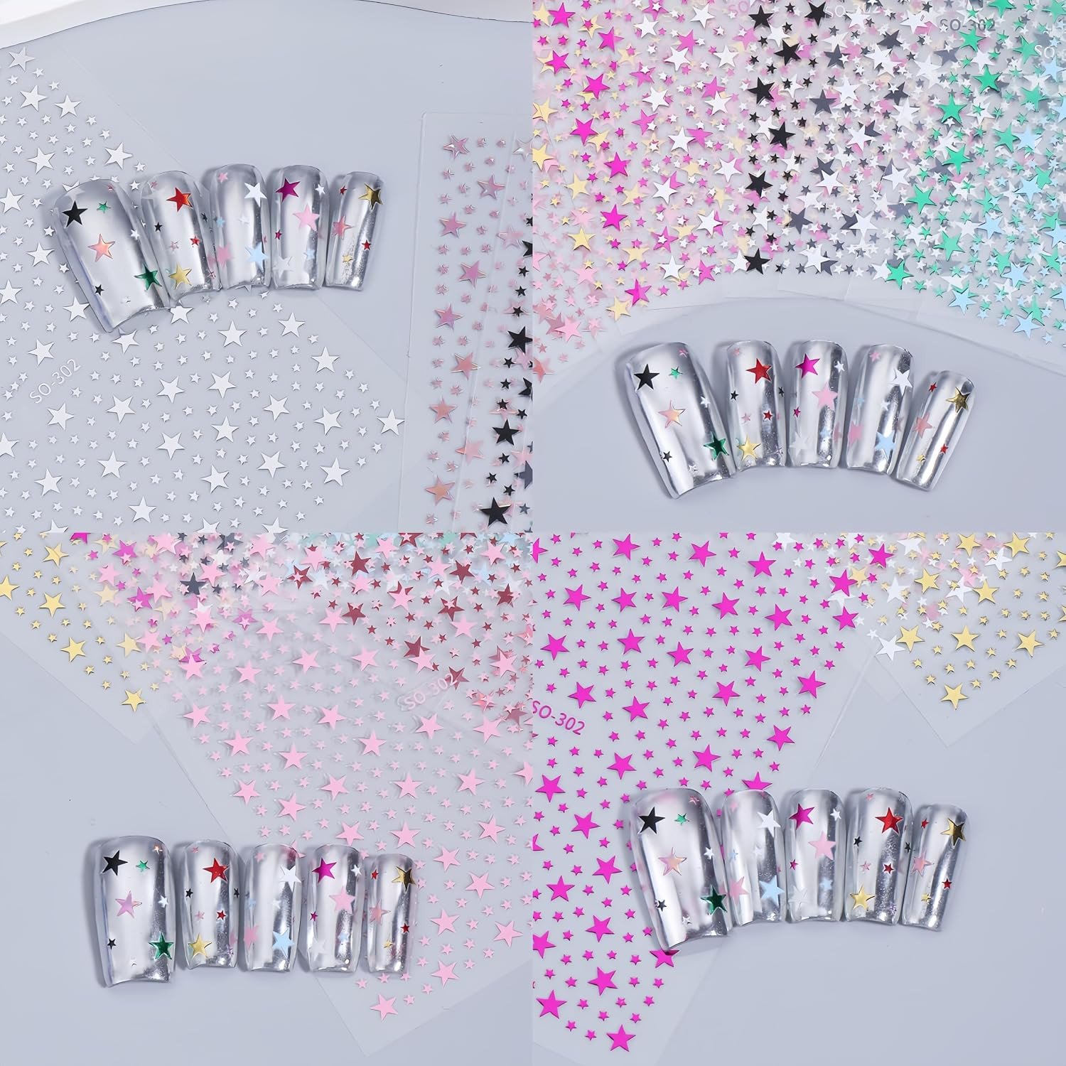 10 Pcs Star Nail Stickers 3D Gold Silver White Black Red Blue Green Rose Gold Pi