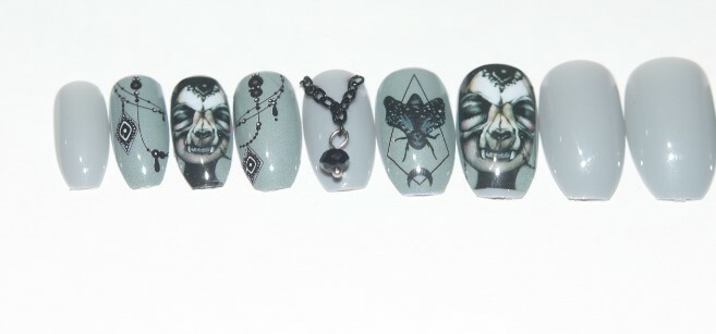 Grey Gothic with black chain and swinging gem- press on nail set- Set of 18