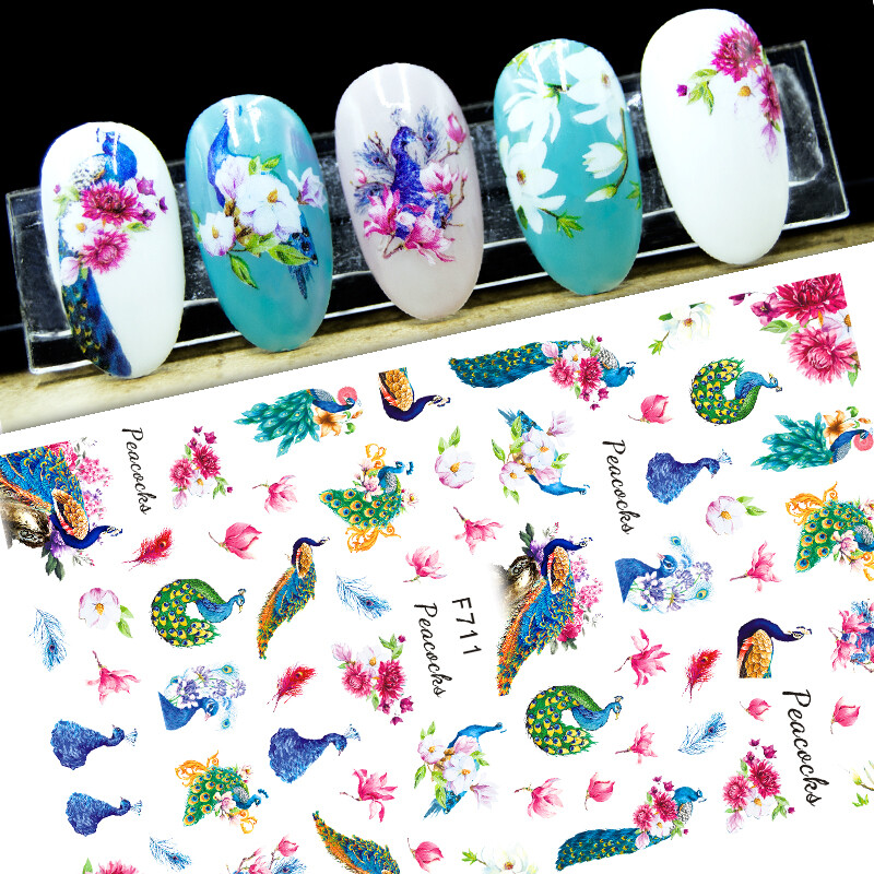 Peacock Nail Sticker Tropical Bird Flower Feather Marine Animal Mermaid Seastar