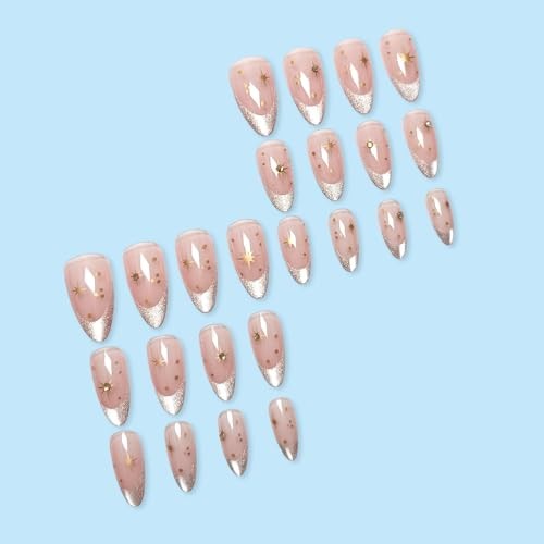24Pcs Silver Press on Nails Medium Almond Fake Nails Diamond Glitter French Tip