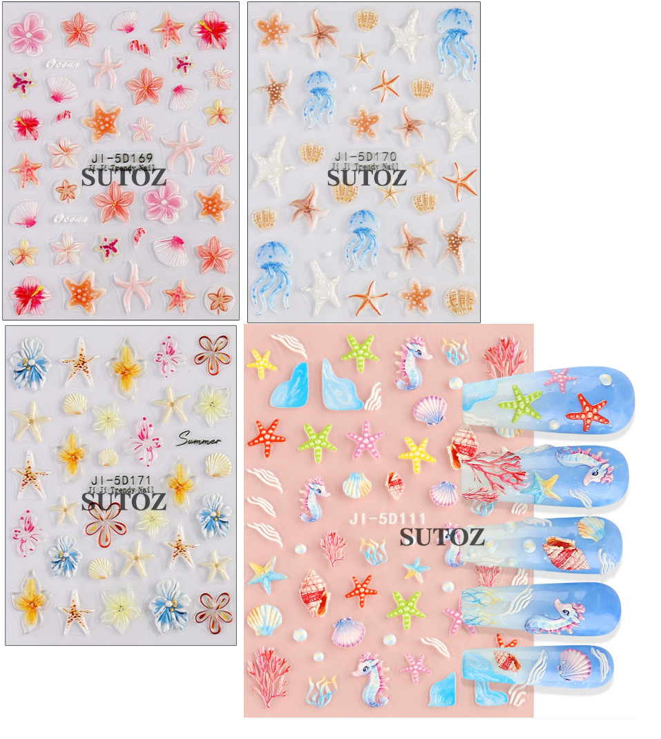 Summer 5D Embossed Ocean Nail Art Stickers Flower Starfish Seashell Coconut NH29