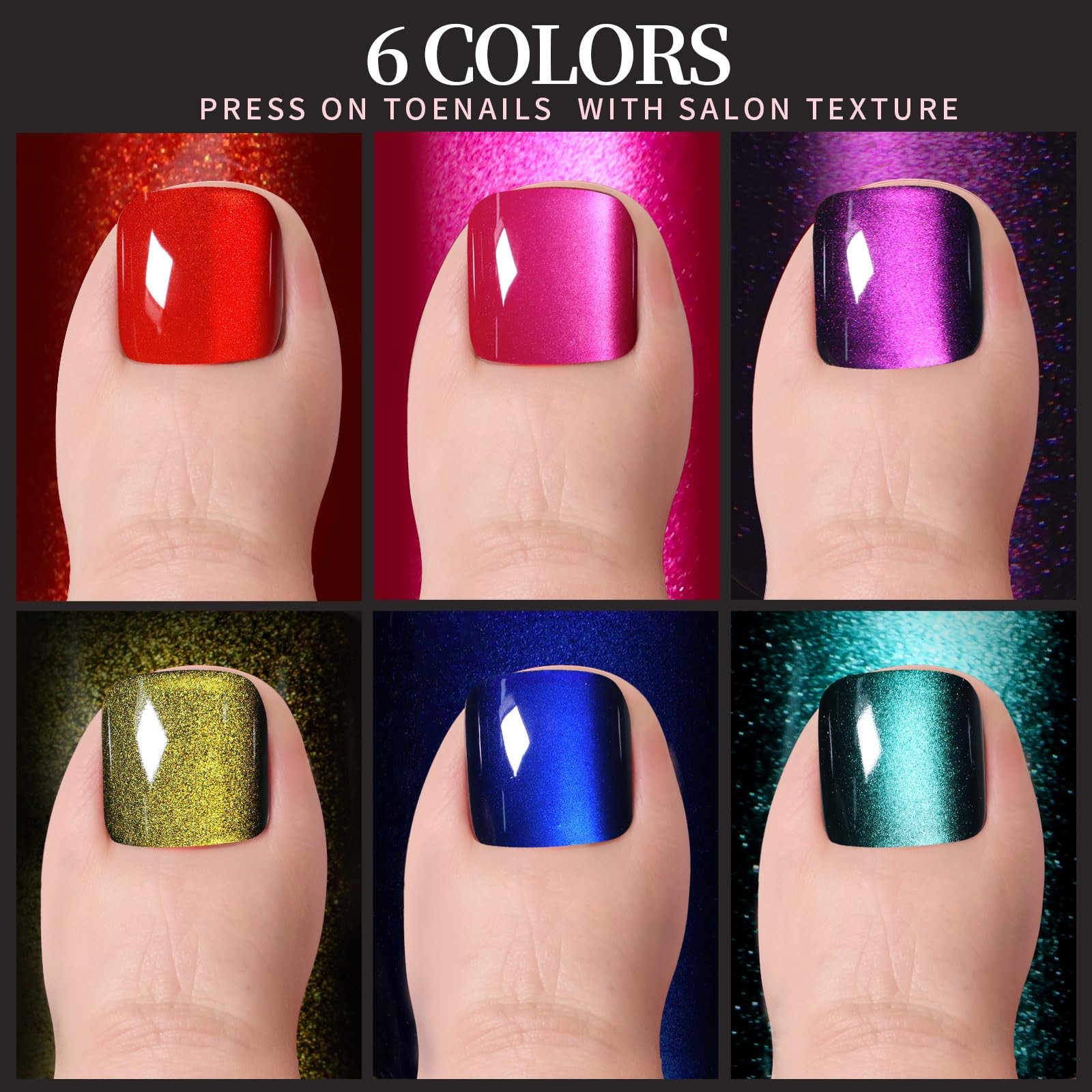 FANDAMEI Press on Toenails, 6 01-11, Hot Pink/Dark Blue/Gold/Green/Red/Purple