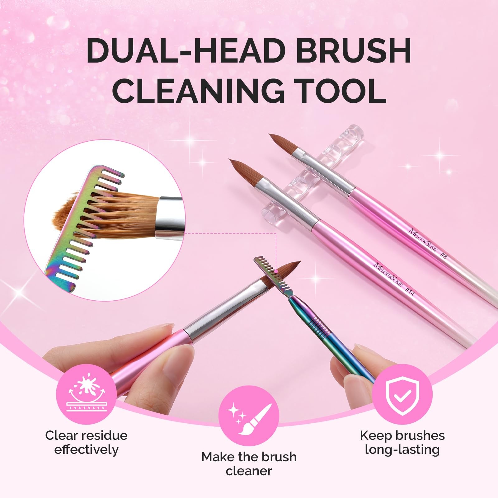 MelodySusie Acrylic Nail Brush Set, Size 8,10,14 Professional Pink Silver Nai…