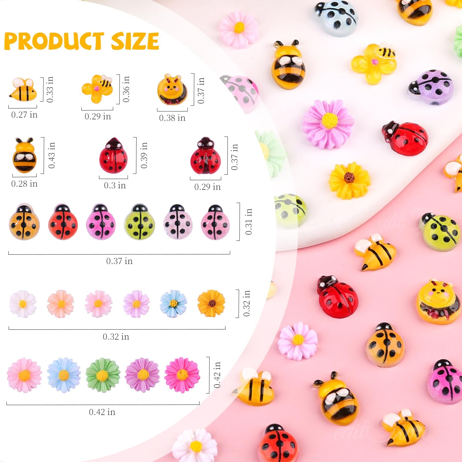 250Pcs Ladybug Nail Charms, Tiny Bee Nail Art Charms Resin Cartoon Daisy Flow…