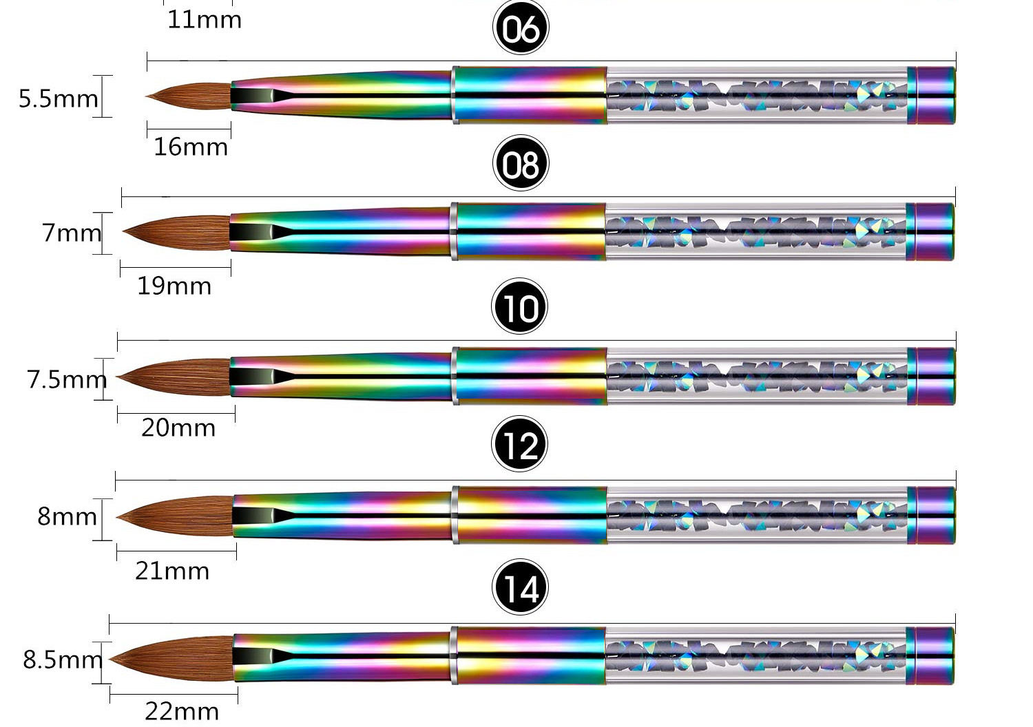 100% Kolinsky Acrylic Nail Brush With Cap Rainbow Crystal Handle 6-14 (CRIMPED)
