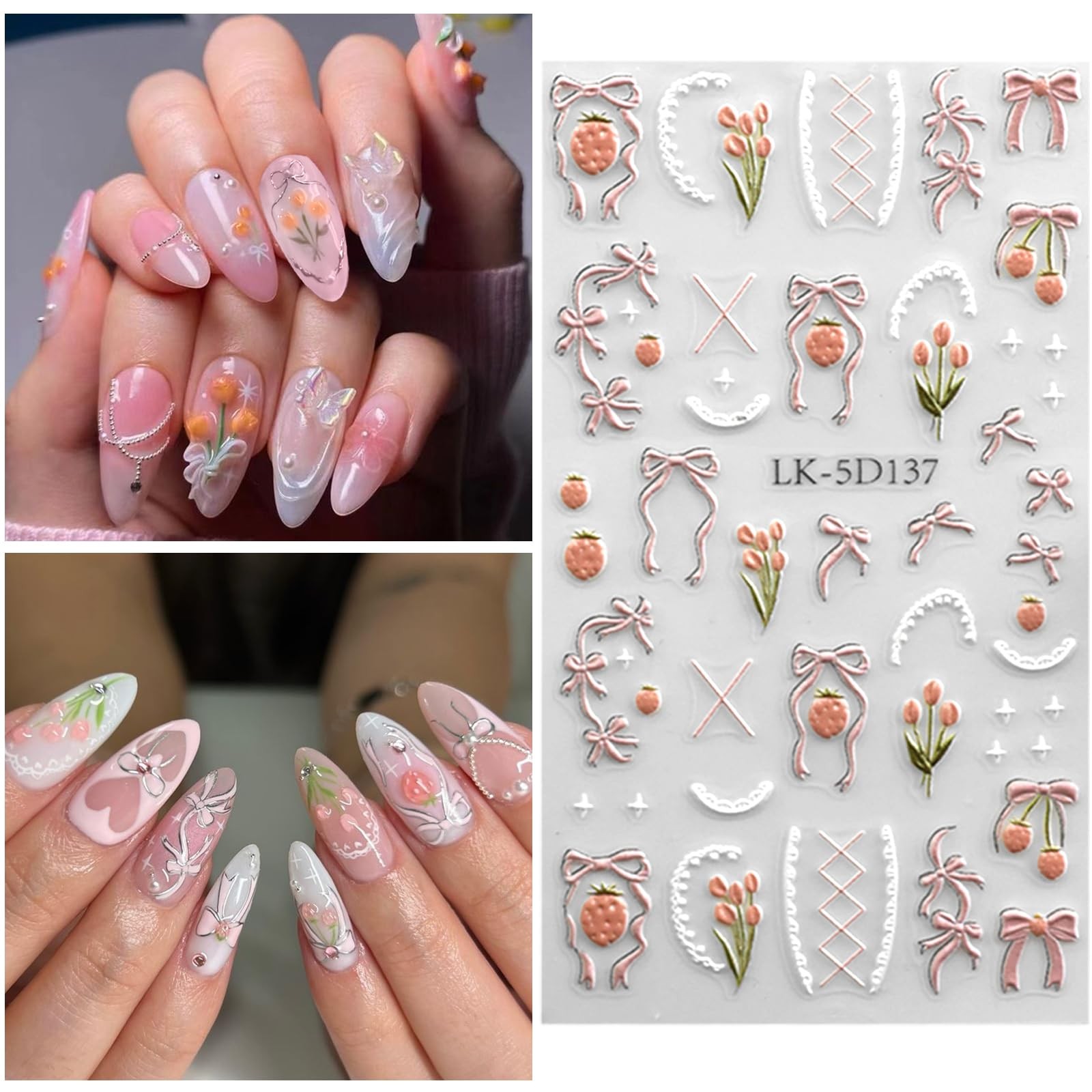Nail Art Stickers 5D 3D Bow Cherry Flower Self Adhesive Spring Summer Design