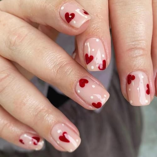 Heart Press on Nails Short Square With Design White Dots Love Fake square55