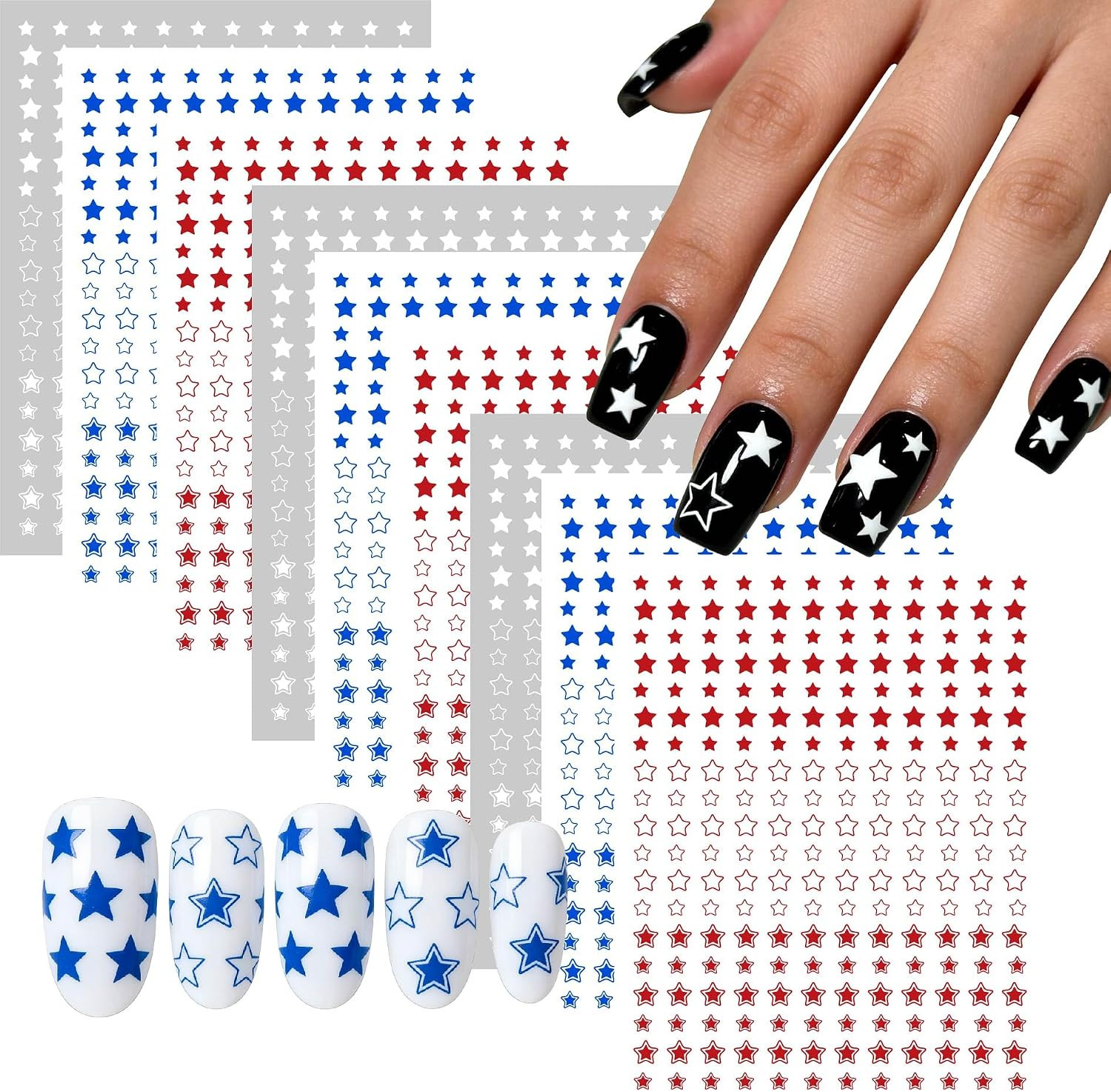 9 Sheets 4Th of July Nail Stickers, Red Blue White Star Nail Decals 3D