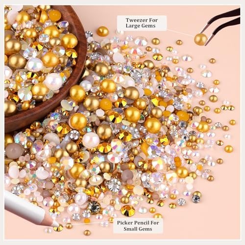 14000PCS Flatback Pearls & Gold Rhinestones for Crafting, Nail Art, DIY Decor