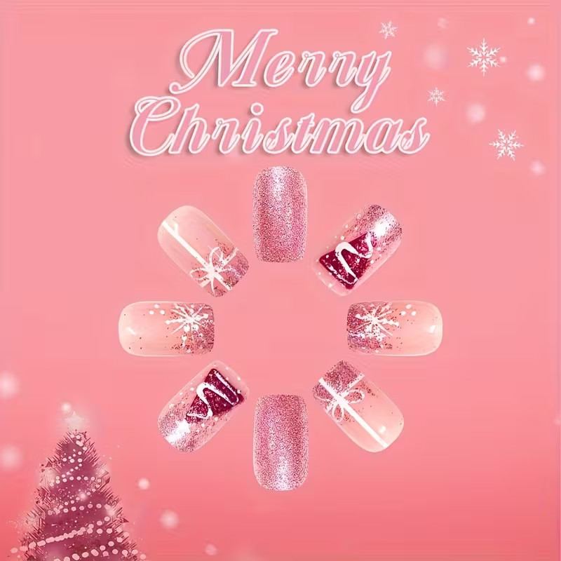 24pcs Christmas Press-On Nails, Medium, Pink & White Glittery Snowflake & Tree