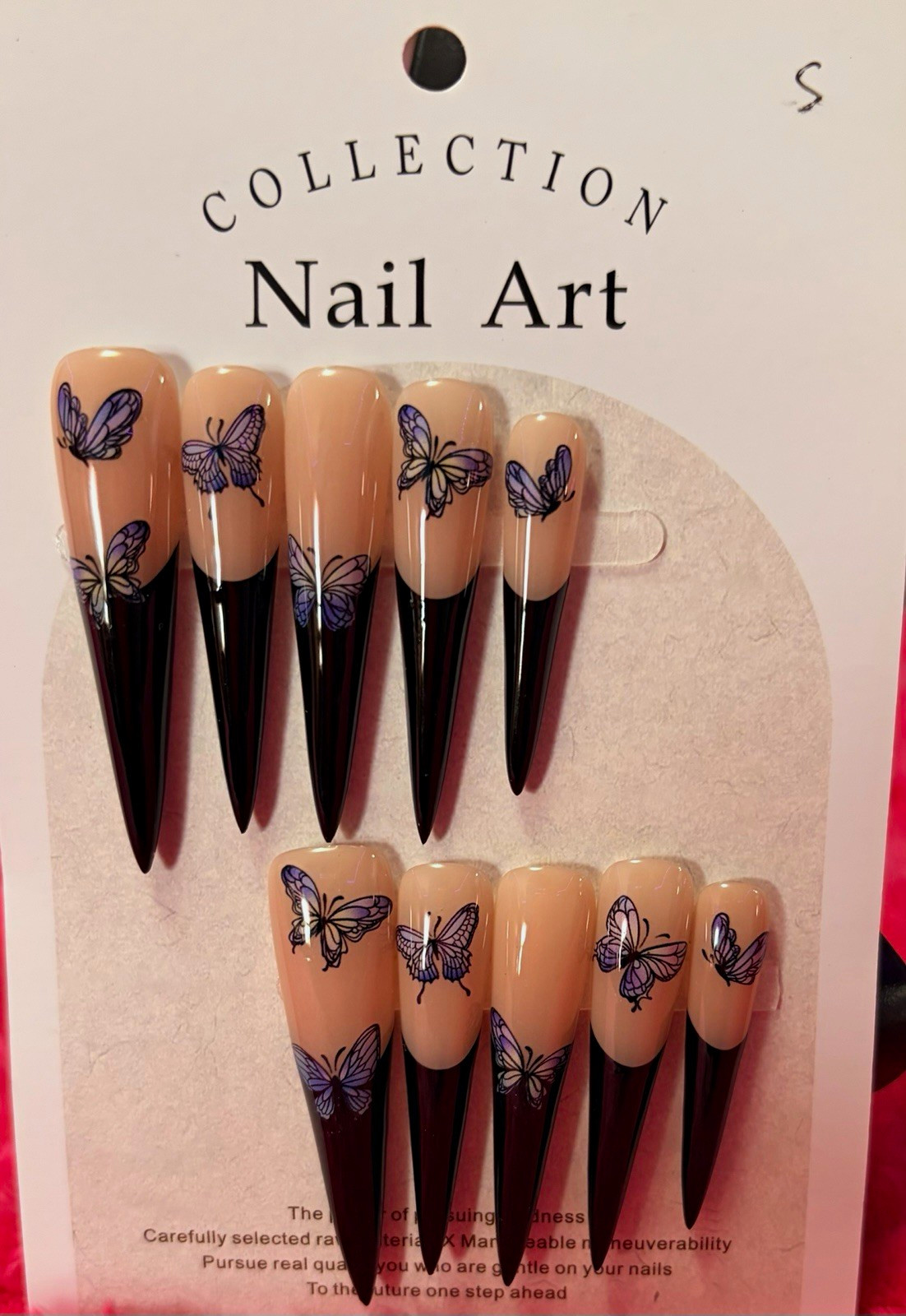 Black/Nude Shiny Butterfly Stiletto Press-On Nails, Long Full size small