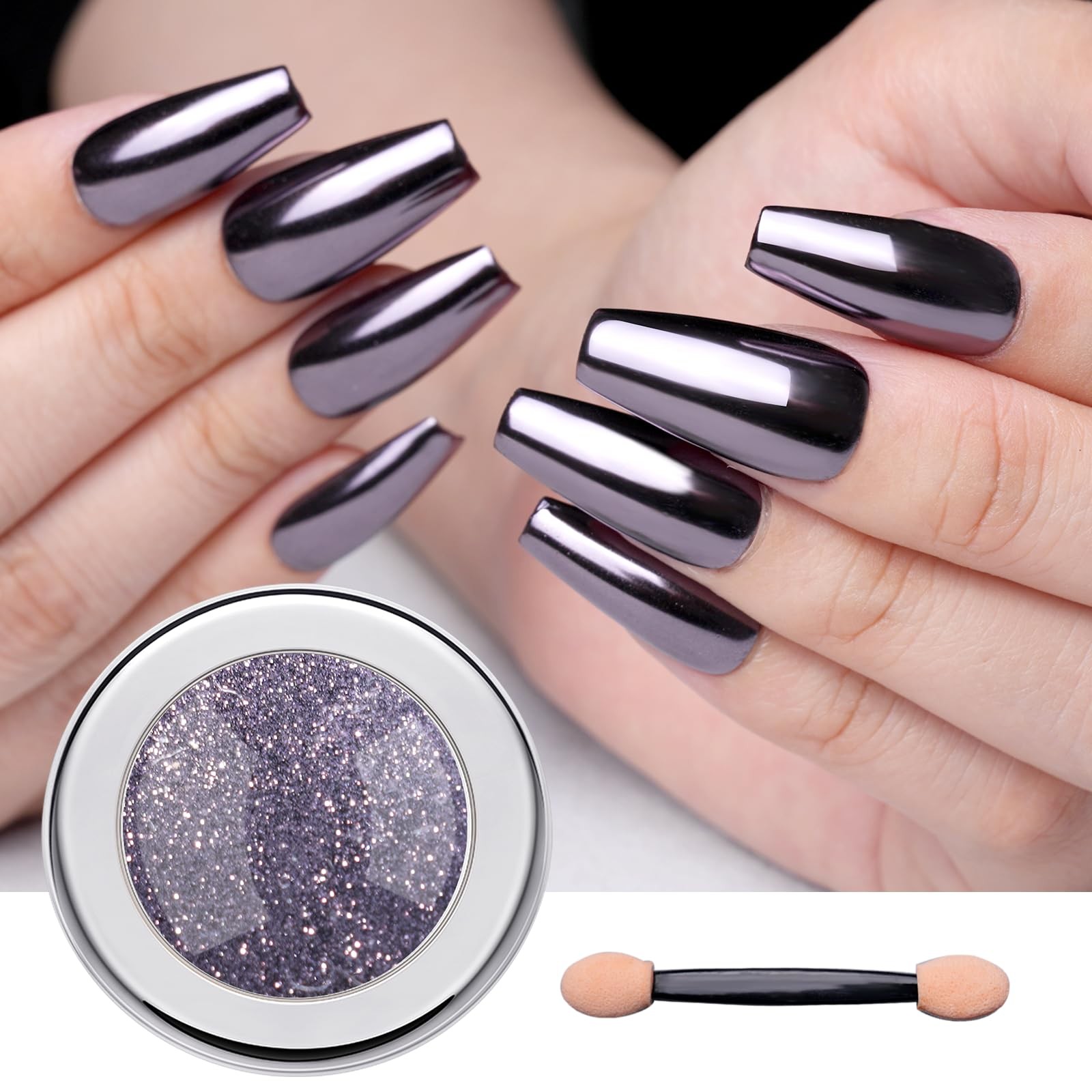 Chrome Nail Powder – Silvery Black Mirror Effect Chrome Nail Powder, Premium …
