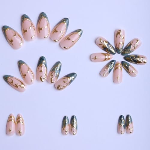 Teal Press on Nails with Silver Swirl Design Medium Almond Fake Nails color27