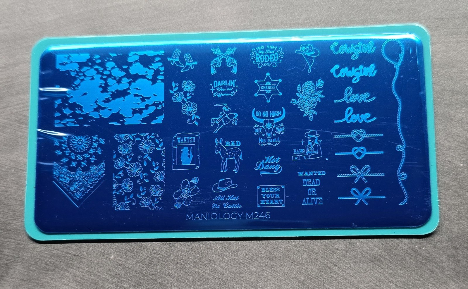 Maniology M246 Nail Stamp Plate Cowboy Gowgirl Rodeo Love Bandana Cow Bull Knot