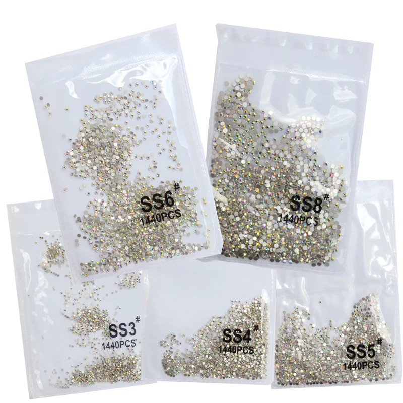 Ss3-Ss8 1440Pcs Clear Crystal AB Gold 3D Non Hotfix Flatback Nail Art Rhinestone
