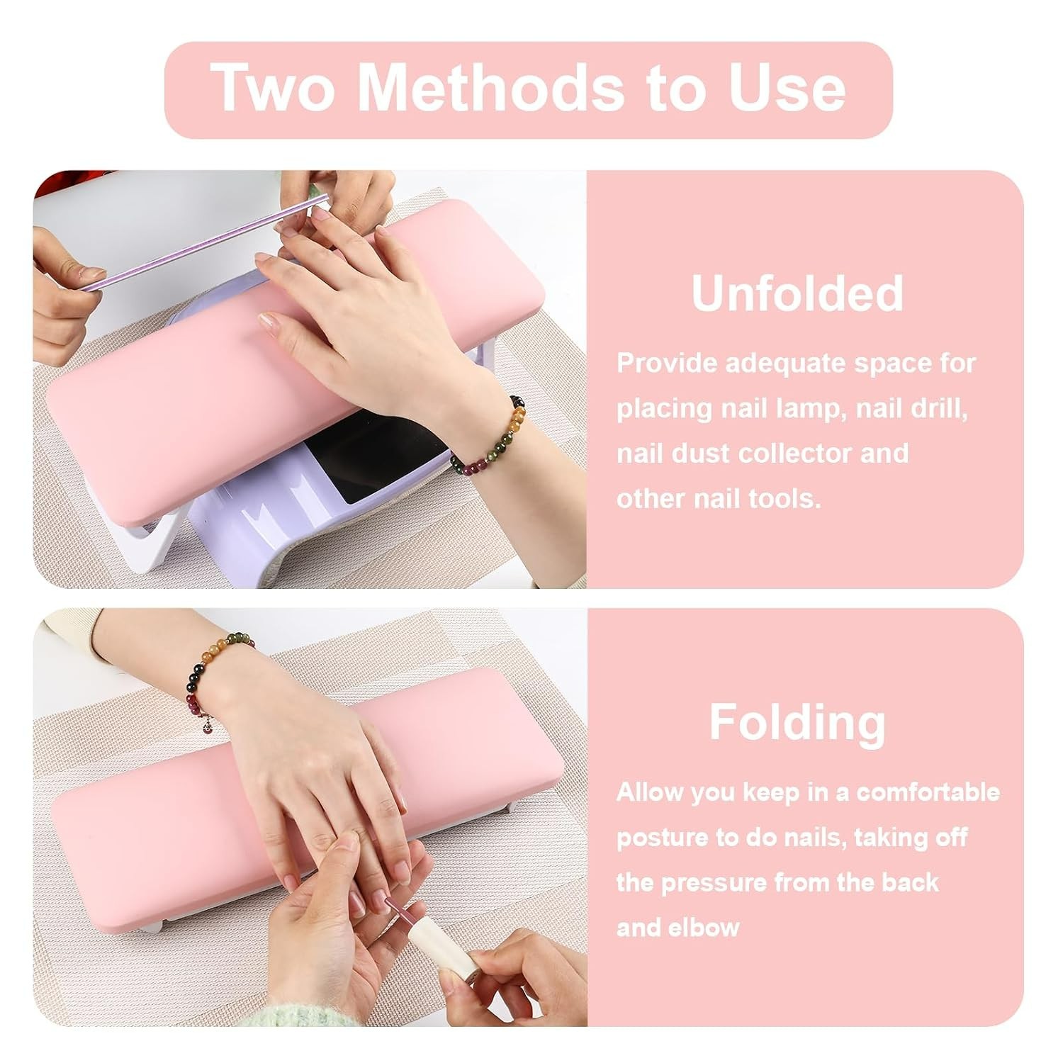 Pink Foldable Nail Arm Rest with Microfiber Cushion & Space-Saving Table Mat
