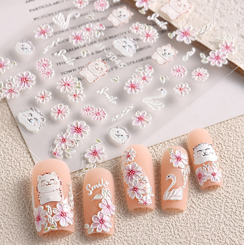5D Embossed Pink Camellia Flowers Decals Nail Stickers Sliders Manicure JI5D45