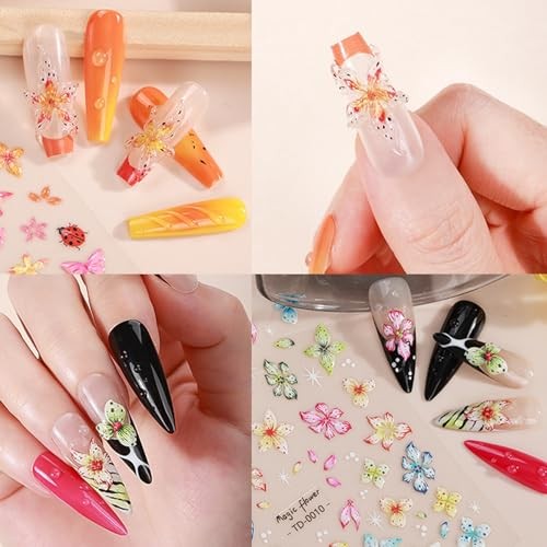 Flowers Nail Art Sticker- 5D Embossed Lily Flower Nail Decals Colorful Flower