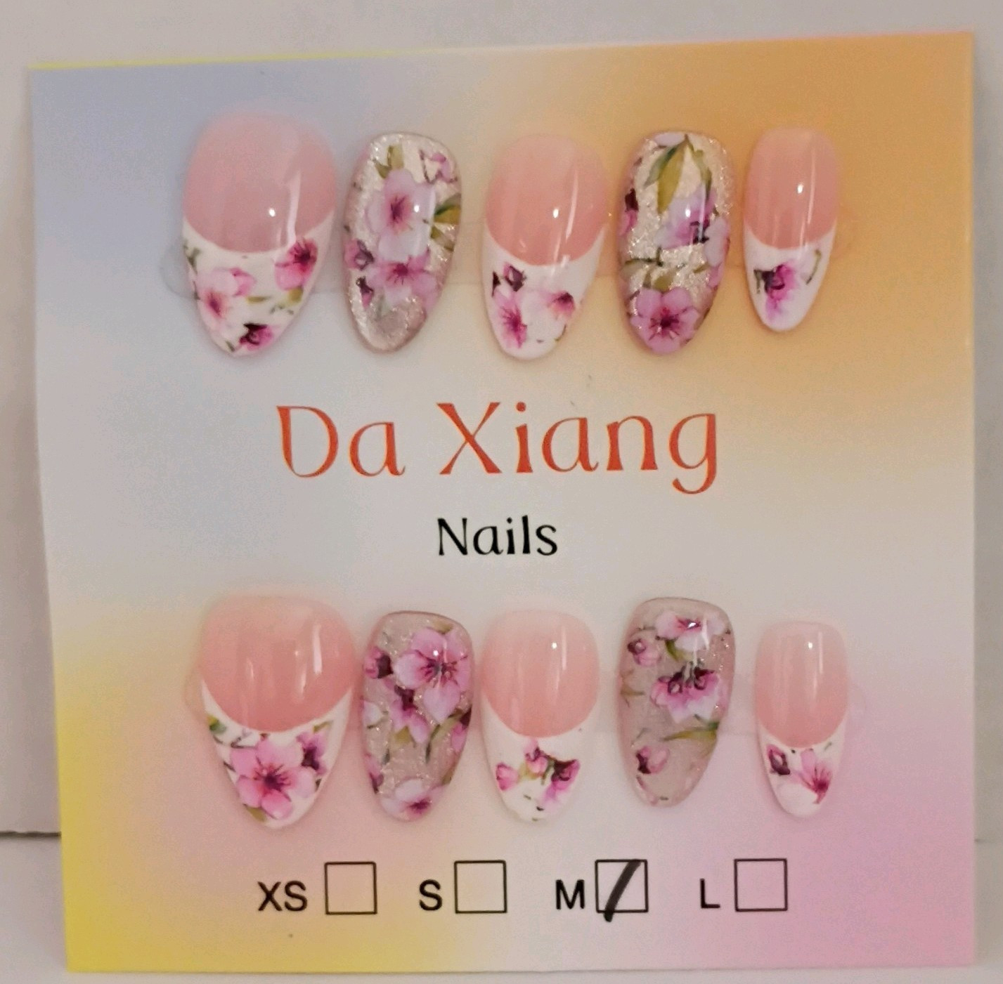Press-On Nails Pink White Floral French Almond Short, Size M