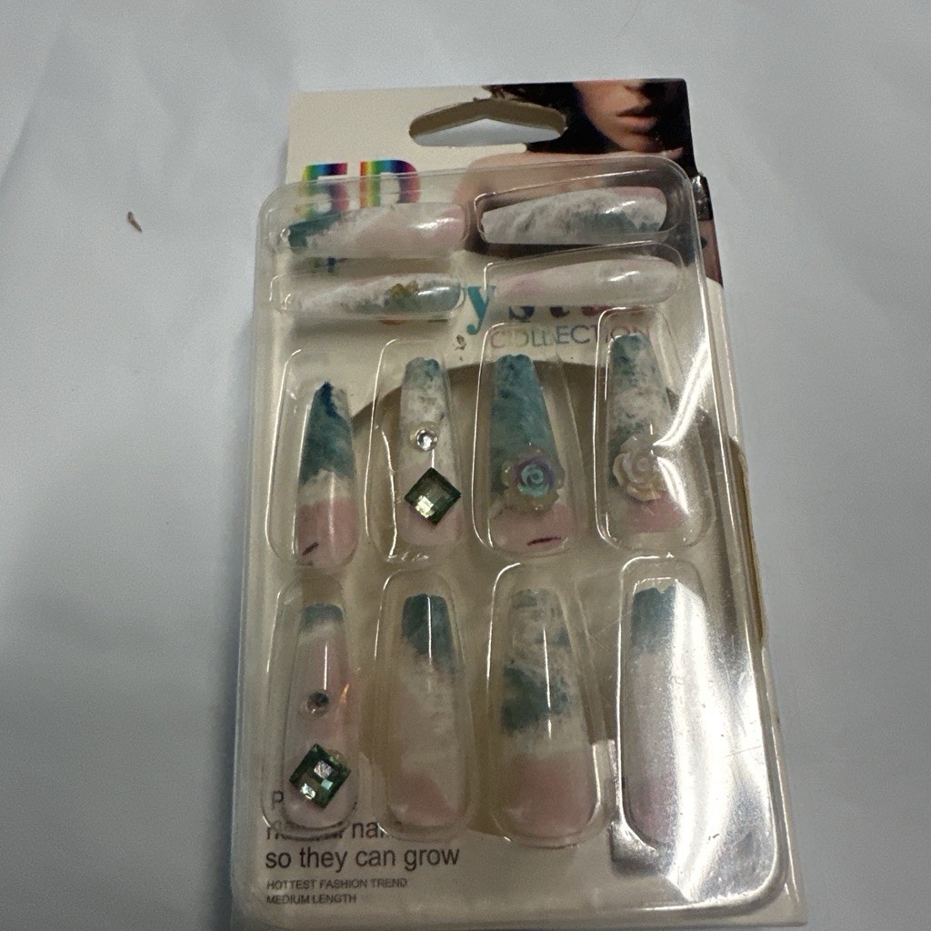 Crystal 3D Pre-Designed Press-On Nails Medium Coffin Pink Blue White Flowers