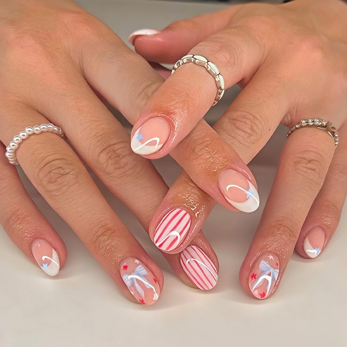 4th of July Press on Nails Short Oval – Red White & Blue French Tip with Stri…
