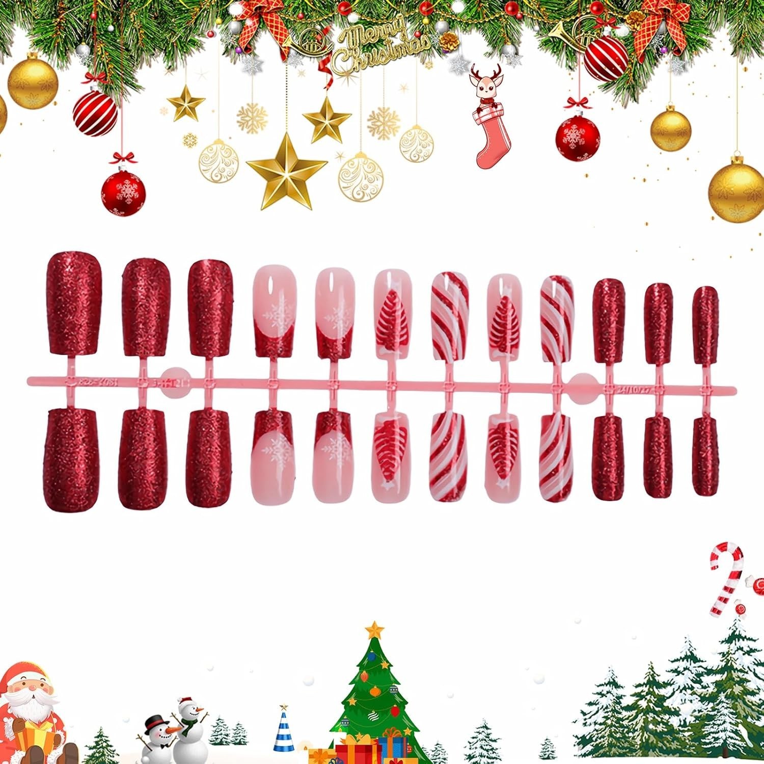 Holiday Acrylic Nails: Custom 24Pcs Red French Glitter & Snowflake Design