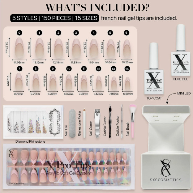 SXC Cosmetics X-Pro Tips Acrylic Soft Gel System Skintone Nude Medium Almond Kit