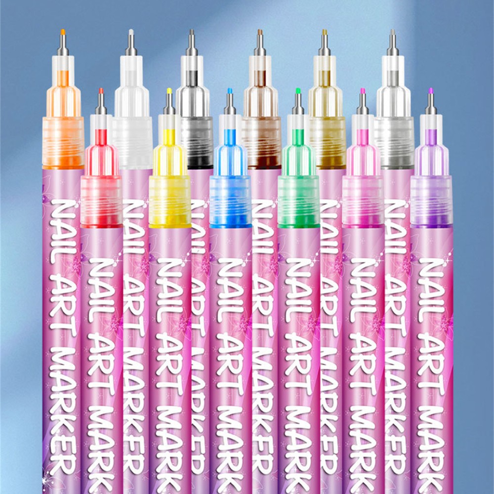 12Pcs Nail Art Pen Marker Set 0.5mm Extra Fine Tip Graffiti Drawing Embellishing