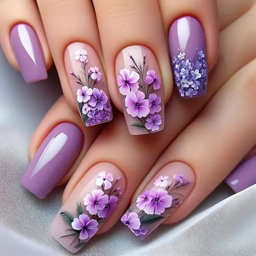 24Pcs Purple Press on Nails Spring Fake Nails Purple Flower Design False A38