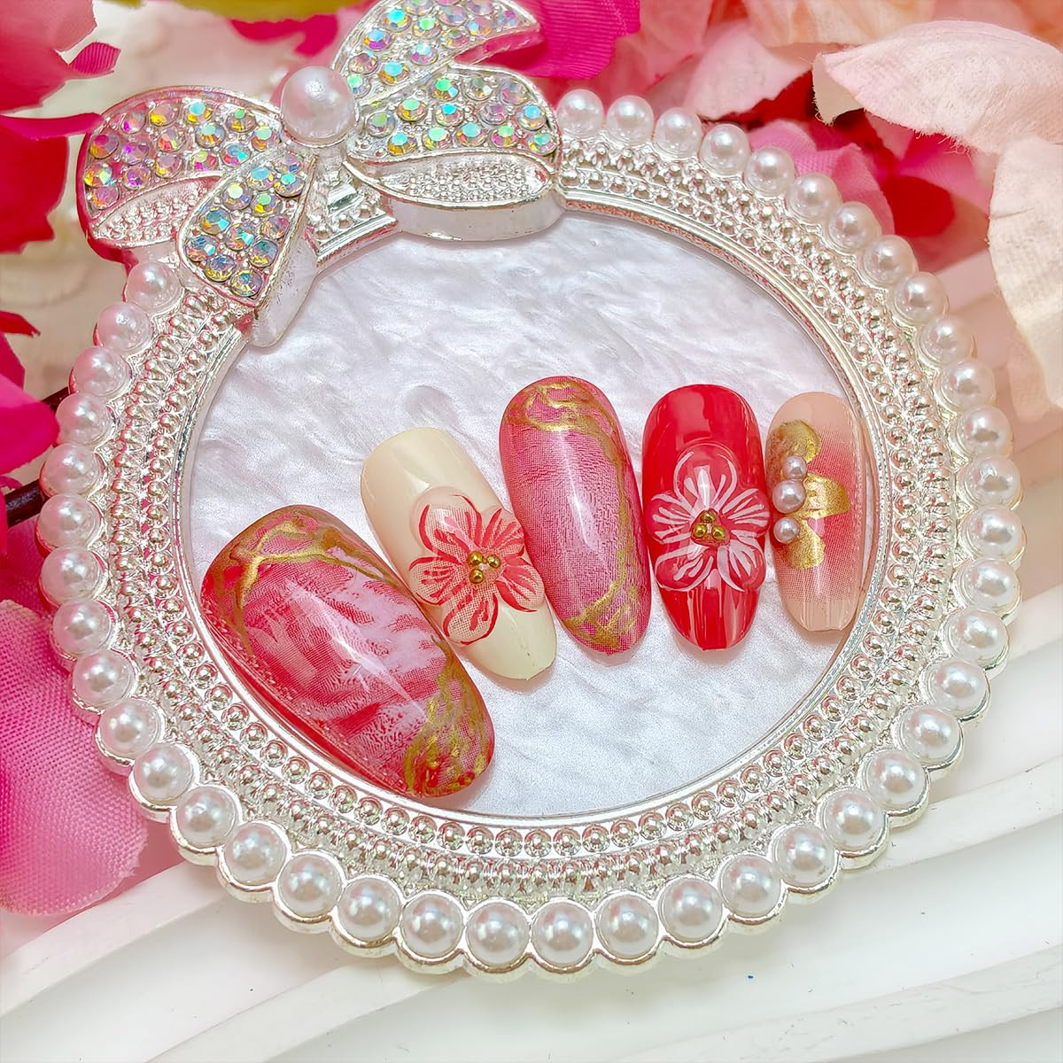 Pink Flower Press on Nails Medium Almond Fake Nails 3D Pearl Gold Bead Design Fl
