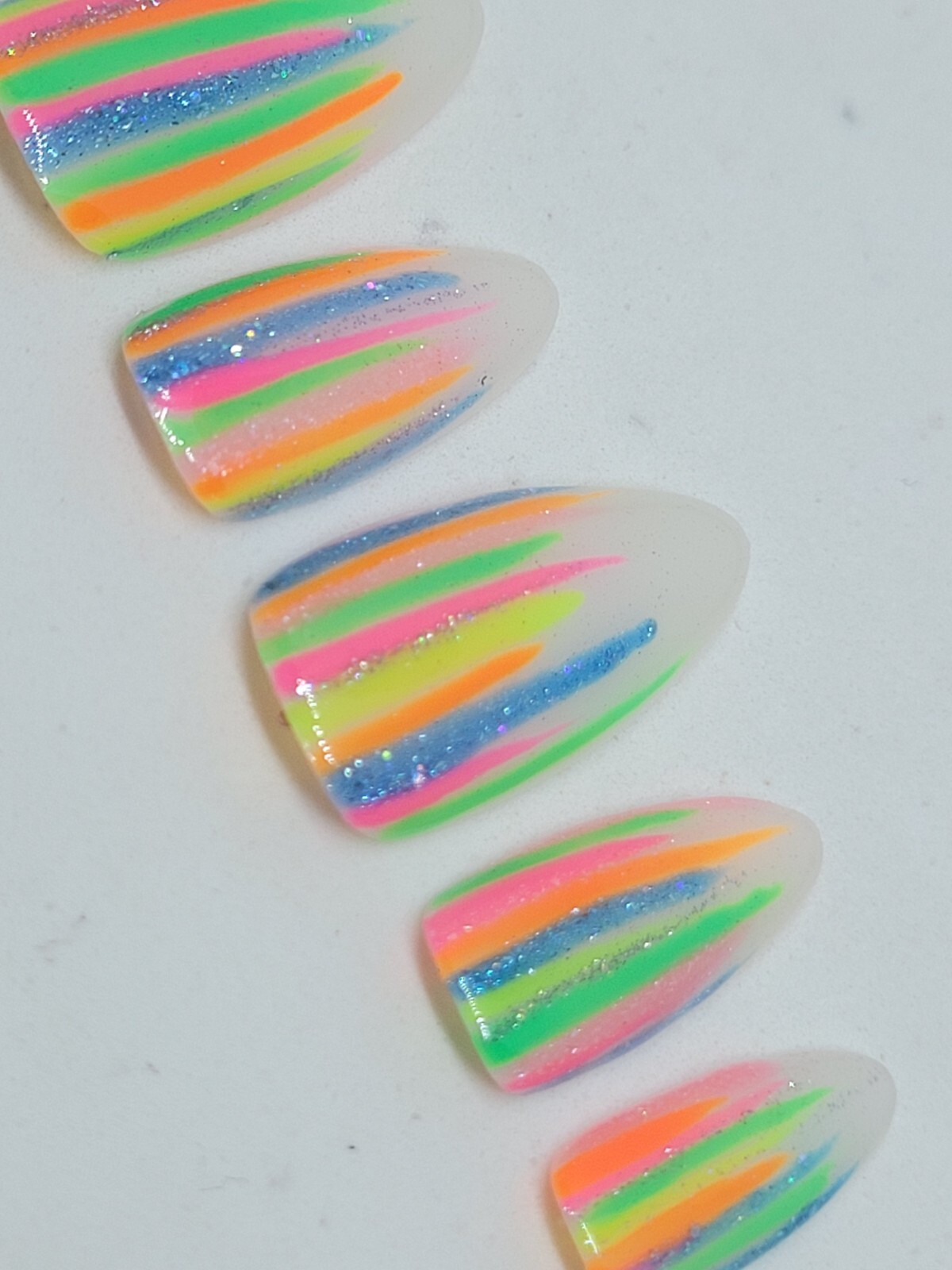Custom Gel Press on Nails Handmade 10 pc set SMALL neon rainbow stripes glitter
