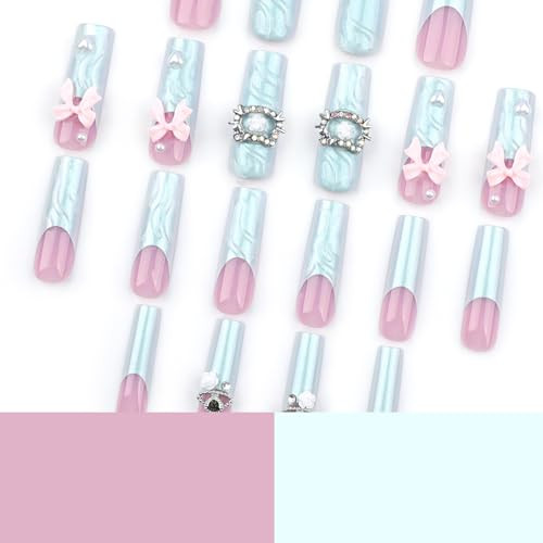 Long Square Press on Nails French Tip Fake Nails Blue False Long Style-C5C34