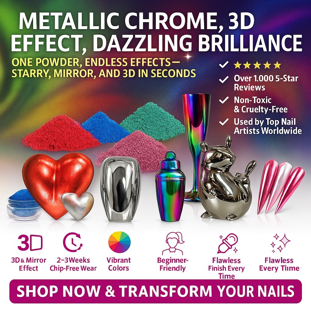 Premium Chrome & Metallic Pigment – 10 Colors Mirror Chrome & Holographic Mic…